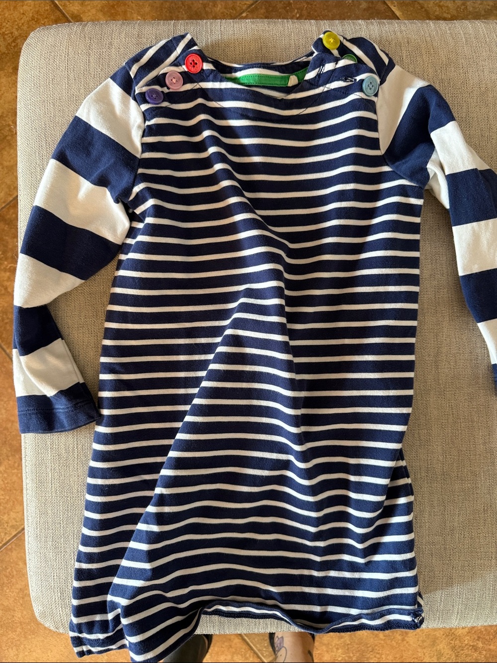 Boden Navy and White Striped Top with Green and Yellow Buttons